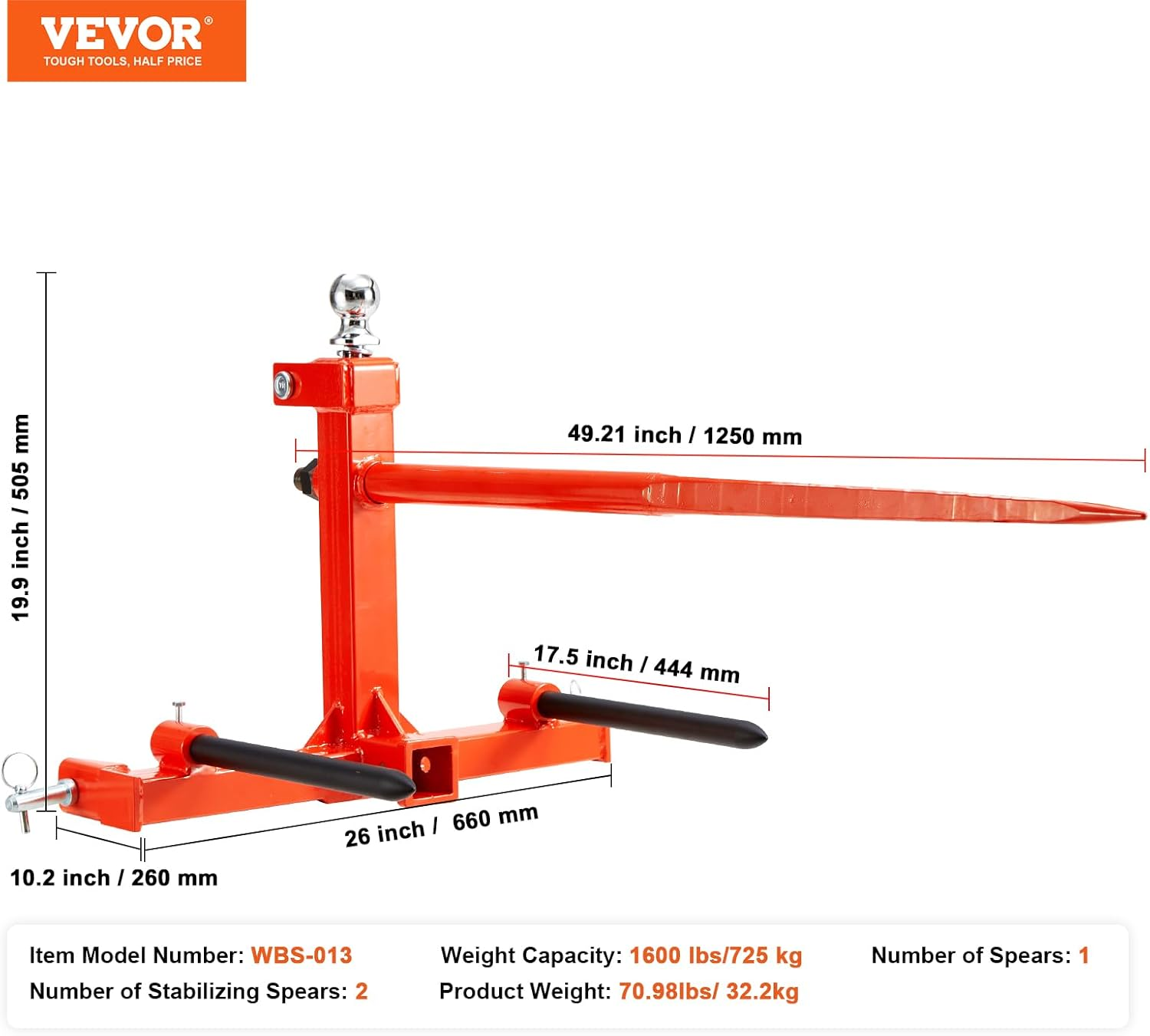 CF-3PHSS-49-1600 Three-Point Hitch Tractor Attachment with 2pcs 17.5